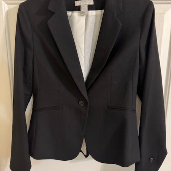H&M Single-Breasted Fitted Notched Lapel White Lining Black Blazer Sz 8 - Picture 6 of 10